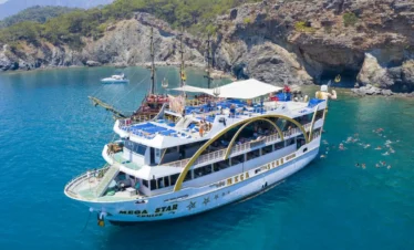 Antalya cruise boat upper deck with sunbeds and panoramic sea views