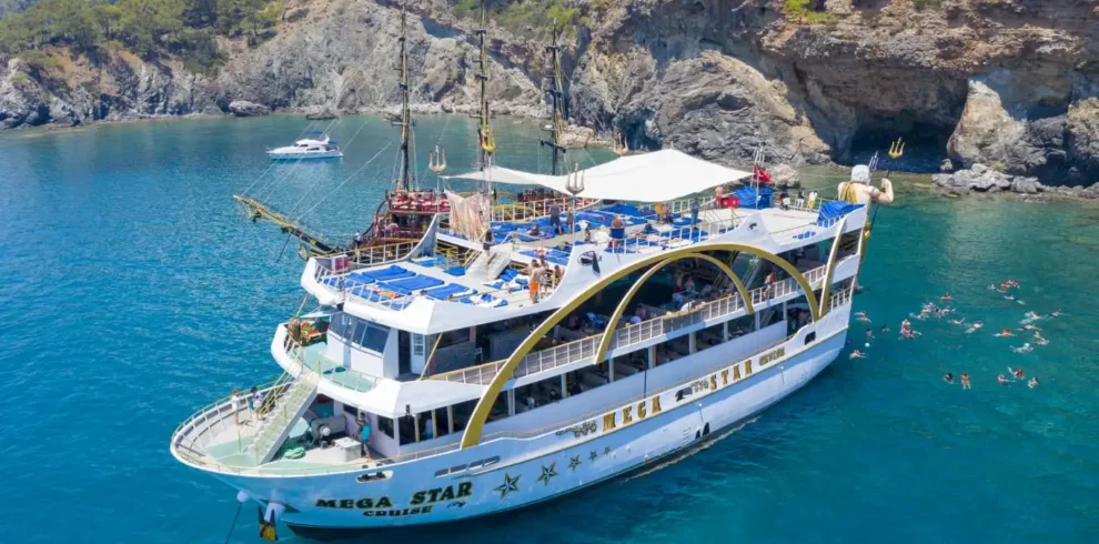 Antalya cruise boat upper deck with sunbeds and panoramic sea views