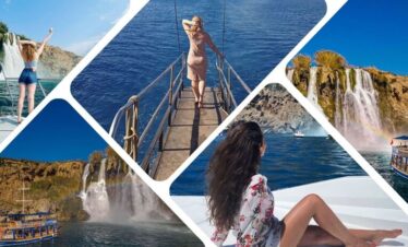 Boat view of Duden Waterfall cascading into the sea, Antalya