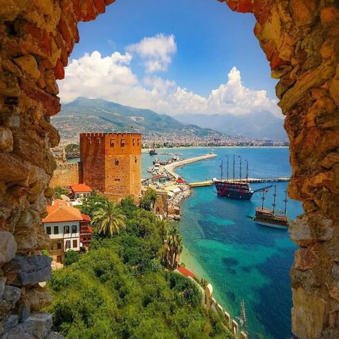 Panoramic view of Alanya city and Mediterranean Sea from Alanya Castle