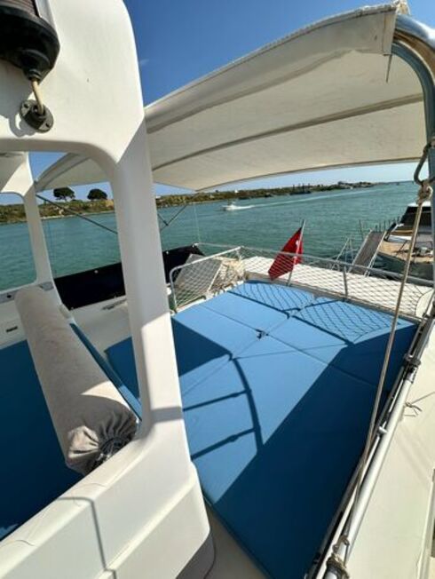 Sunbathing area on a luxury yacht in Antalya, with panoramic Mediterranean views