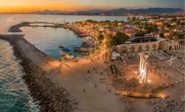 Stunning evening view of the Temple of Apollo in Side, with the sunset casting golden light