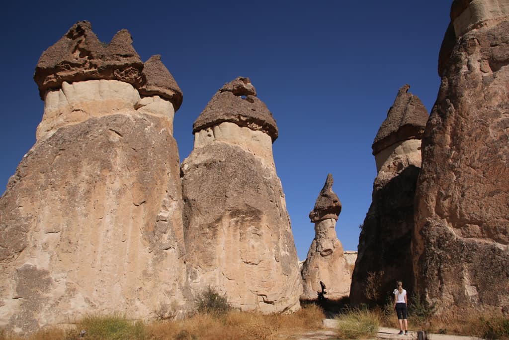 Close-up view of fairy chimneys in Cappadocia with unique rock formations.