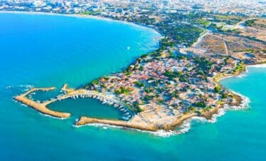 Aerial view of Side's ancient ruins and Mediterranean coastline