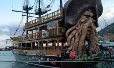Sea turtles swimming alongside the pirate boat during the open sea journey.