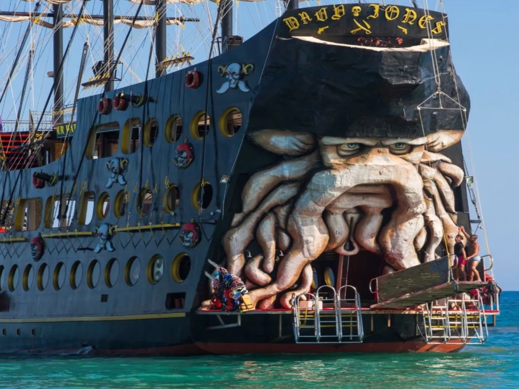 Gongster pirate boat docked at Kemer harbor before Antalya boat tour