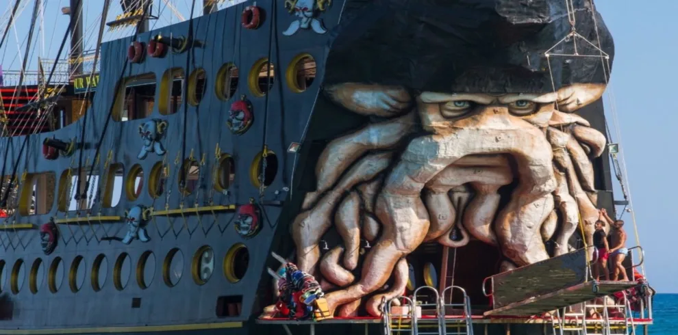 Gongster pirate boat docked at Kemer harbor before Antalya boat tour