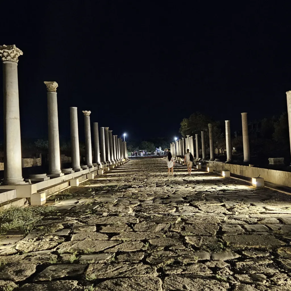 Illuminated Perge ruins at night