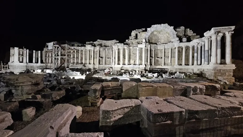 Aspendos Theatre illuminated at night