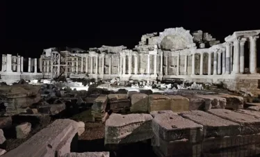 Aspendos Theatre illuminated at night