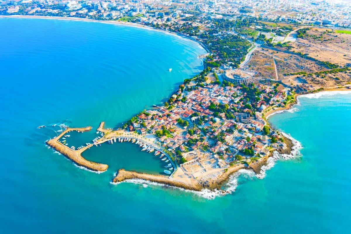 Side ancient city and Temple of Apollo overlooking the Mediterranean beach